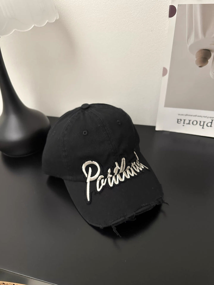 Distressed Denim Baseball Cap with Embroidered Text