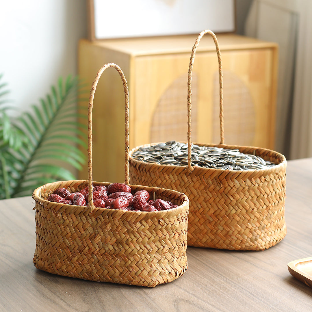 Handwoven Natural Fiber Storage Basket with Double Divider Bowlift