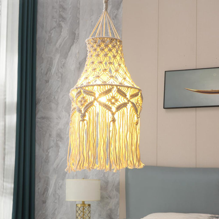 Elegant Macrame Hanging Lamp with Fringes Bowlift