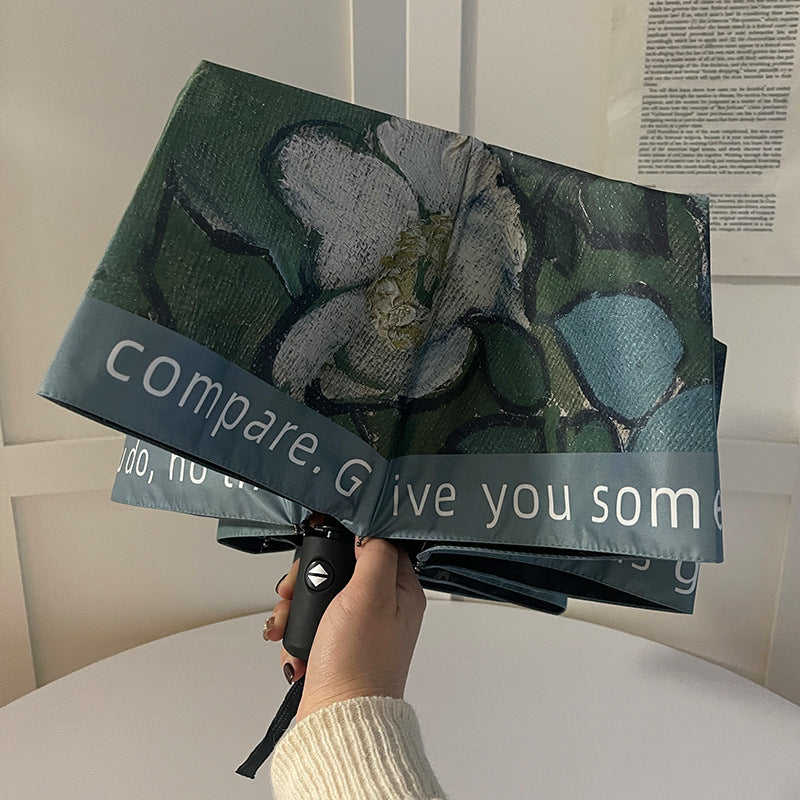Women's Folding Umbrella with Botanical Design and Stable Handling Bowlift
