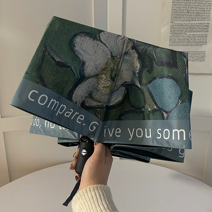 Women's Folding Umbrella with Botanical Design and Stable Handling Bowlift