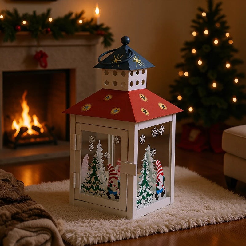Decorative Holiday Gnome Lantern with Star-Cut Roof and Glass Panel Candle Holder Bowlift