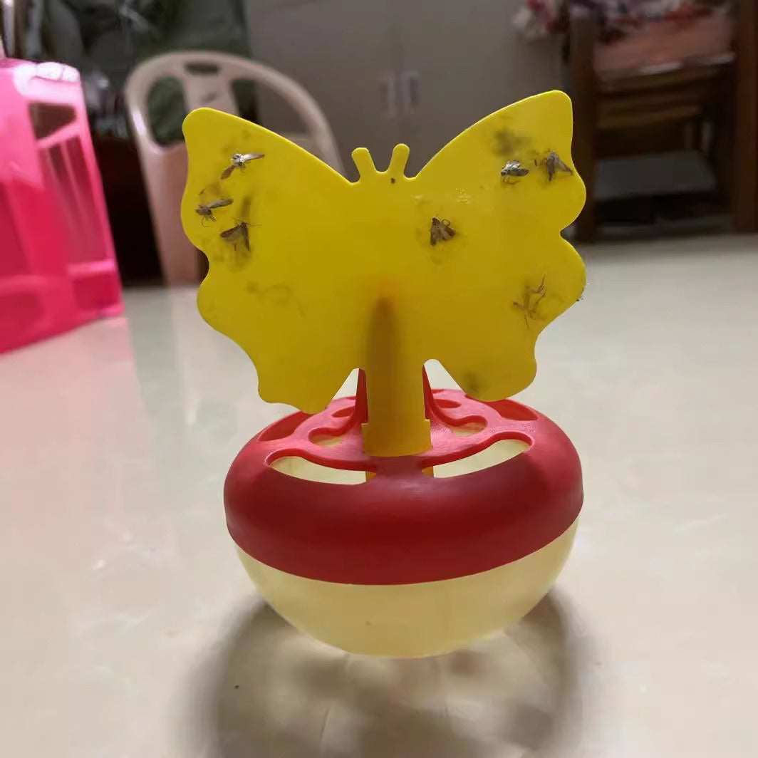 Butterfly-shaped sticky insect trap with refillable liquid reservoir and reusable base Bowlift