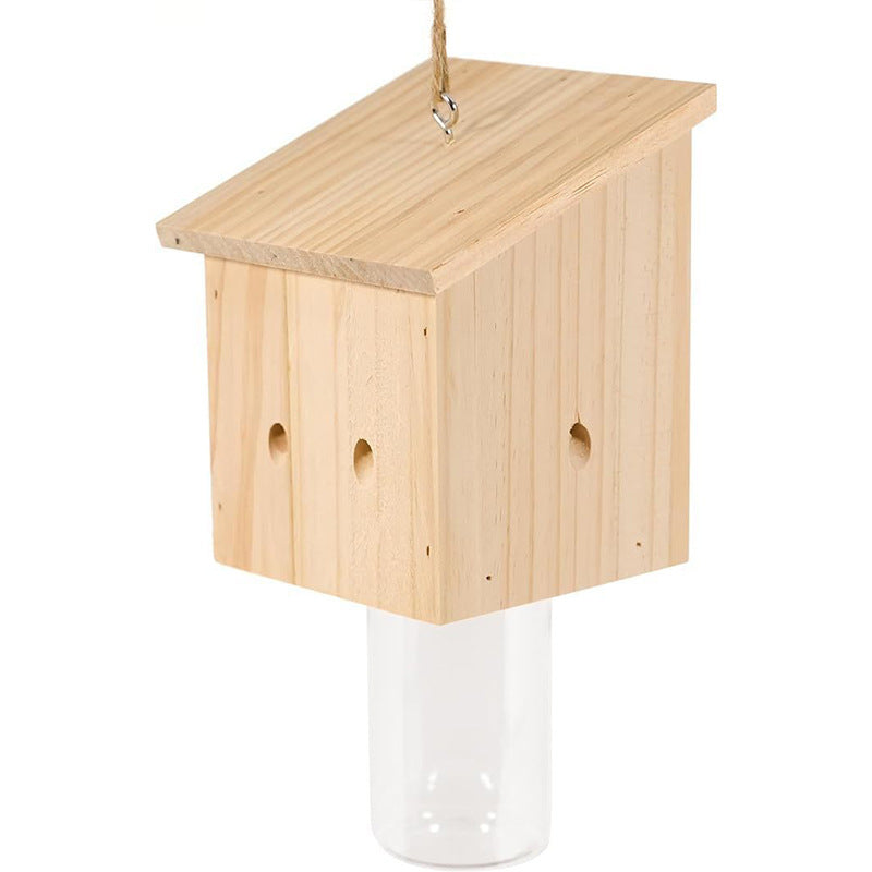 Hanging wooden bird feeder with glass jar seed reservoir and natural jute hanger Bowlift
