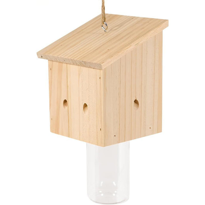 Hanging wooden bird feeder with glass jar seed reservoir and natural jute hanger Bowlift
