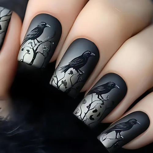Artistic Raven-Themed Nail Art Bowlift