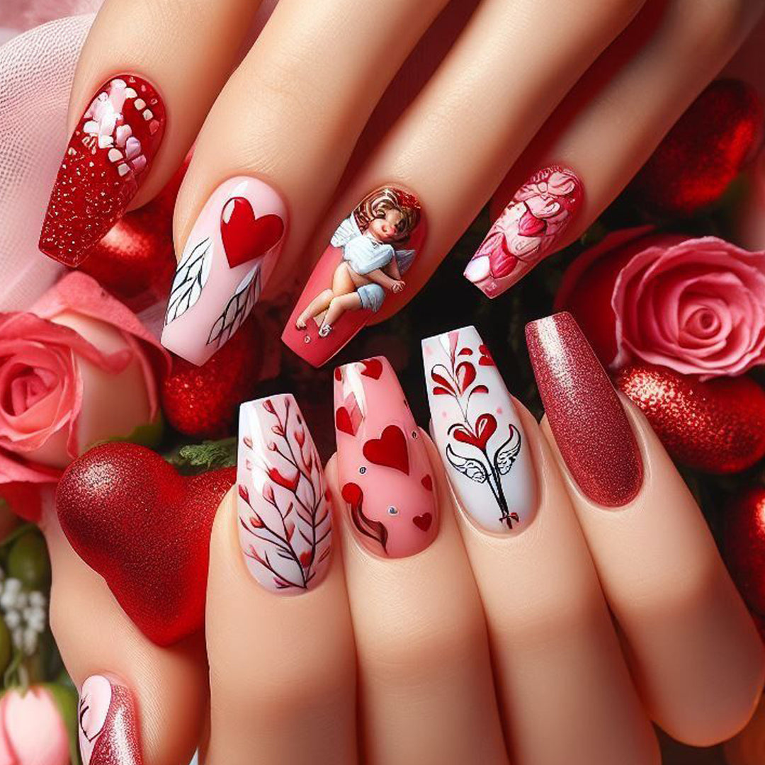Romantic Heart-Themed Acrylic Nail Art Set Bowlift