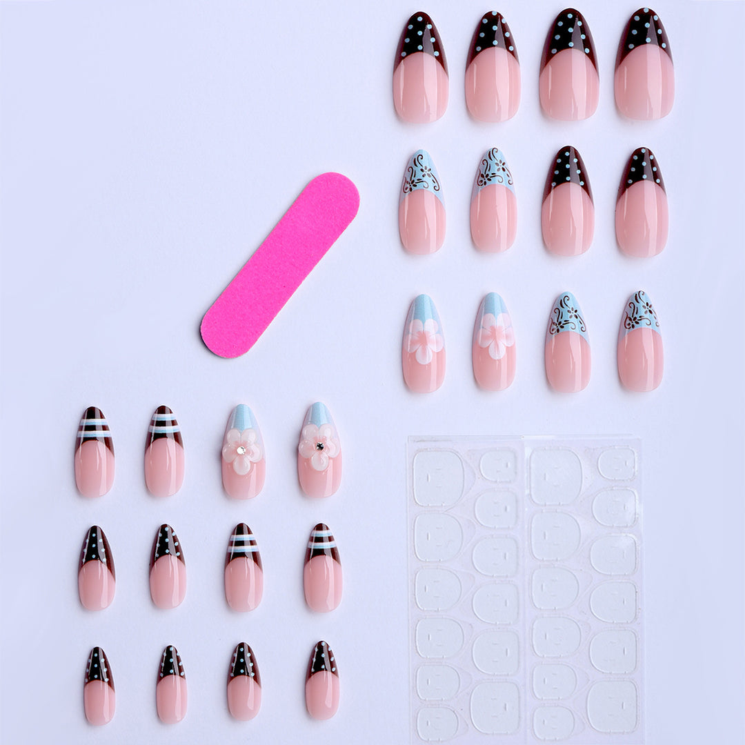 Artificial nails with creative floral design and elegant accent colors Bowlift