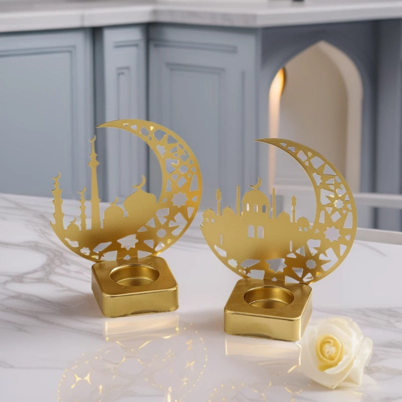 Crescent Silhouette Mosque Tea Light Lantern with Filigree Metal Base Bowlift