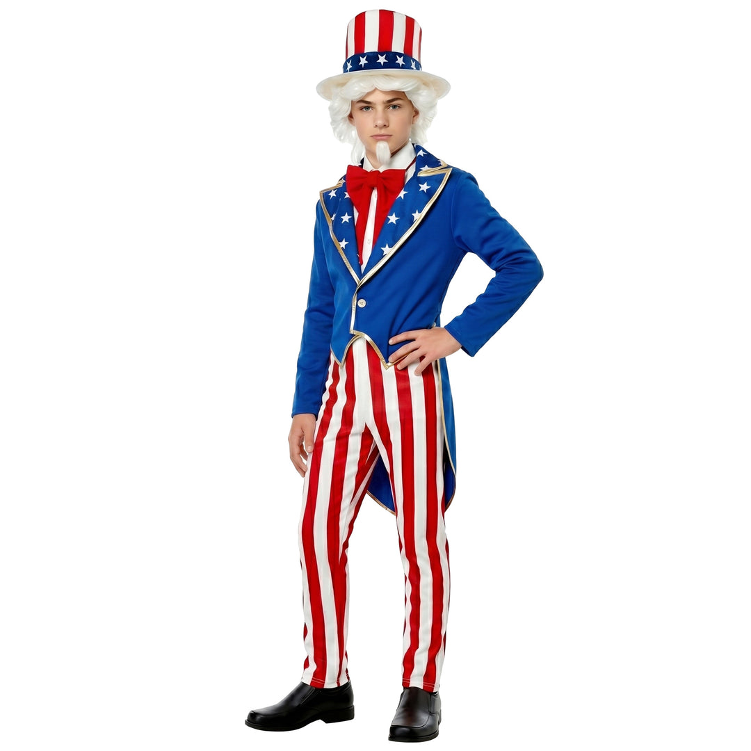 Unisex nan Patriotic Americana Uncle Sam Costume Set with Tailcoat, Striped Trousers, Top Hat and Bow Bowlift