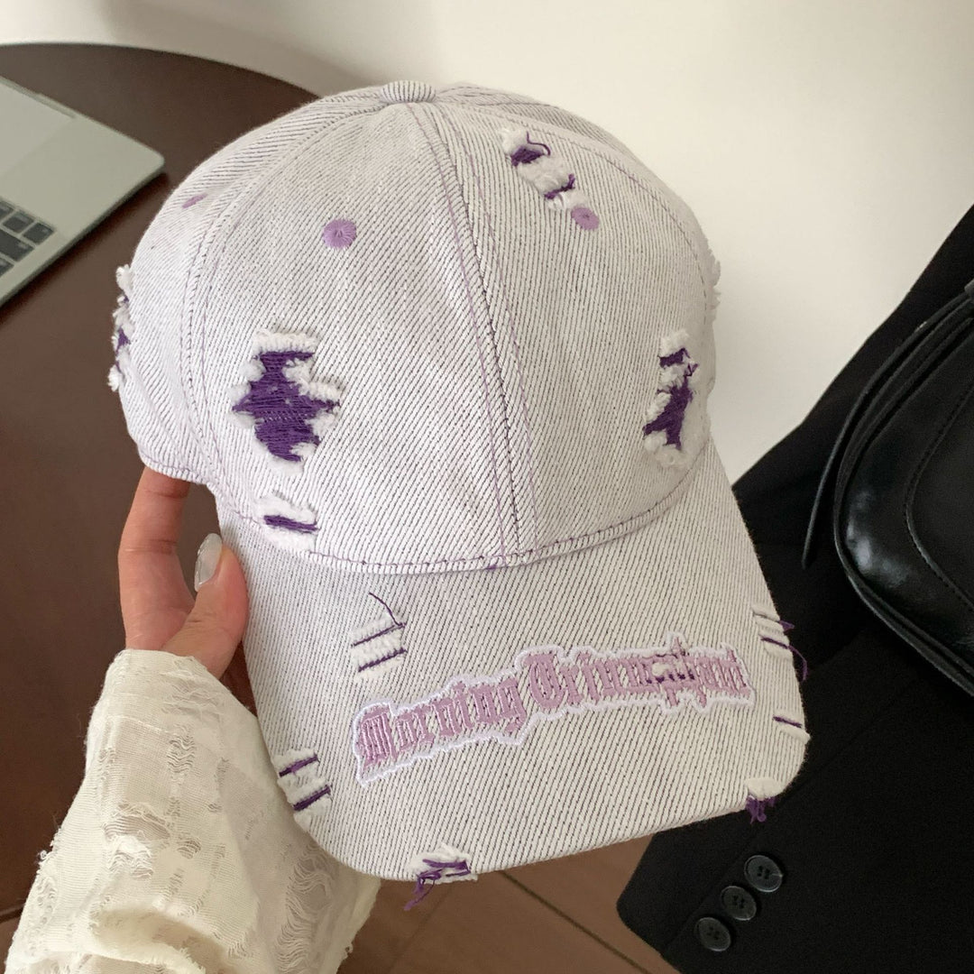 Distressed Denim Baseball Cap with Embroidered Detail