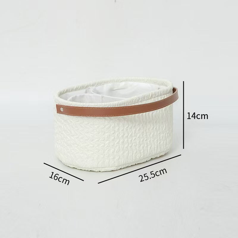 Elegant storage basket with faux leather handle