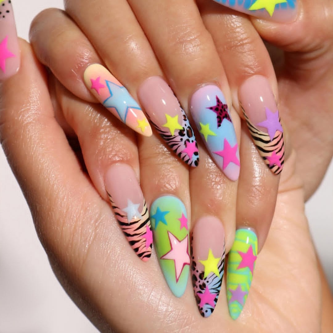 Artistic Press-On Nail Set with Colorful Star Patterns Bowlift