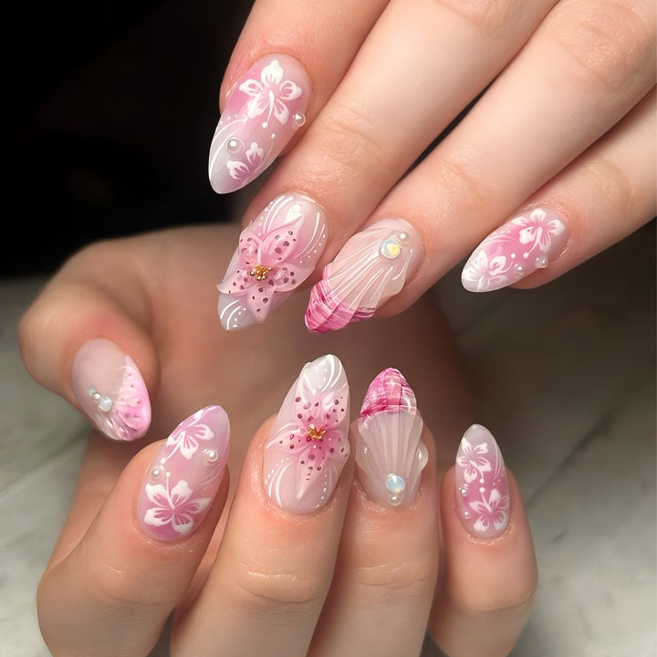 Artful Nail Extensions with Floral and Glittering Accents Bowlift