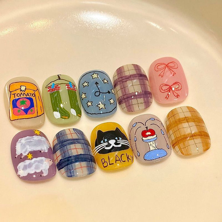 Artistic Cat-Themed Press-On Nail Art Set Bowlift
