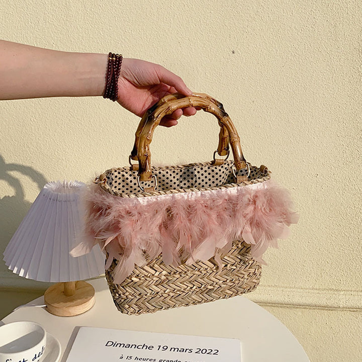 Elegant handbag with feathers and bamboo handles Bowlift