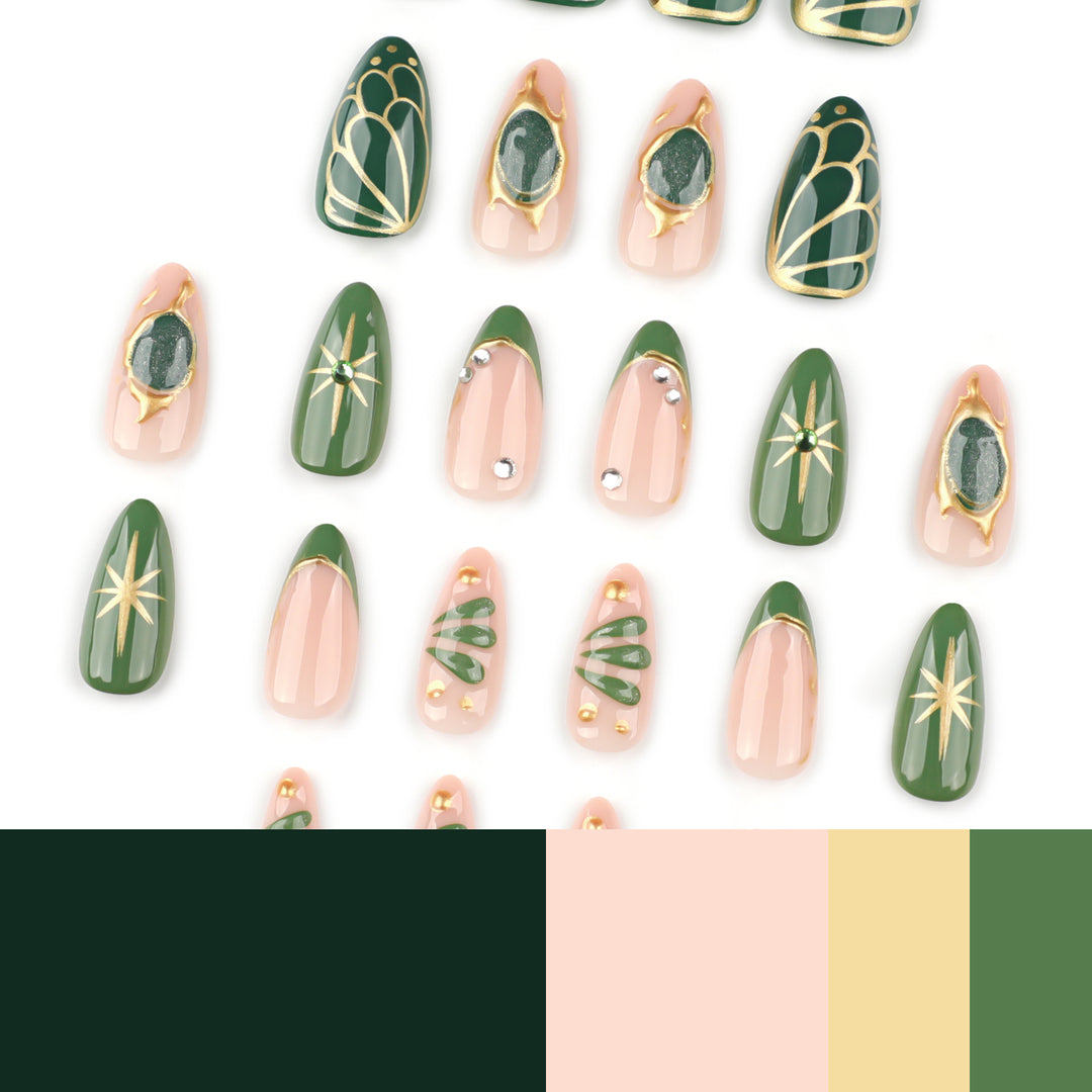 Artistic nail extensions with elegant gold and green shimmer Bowlift