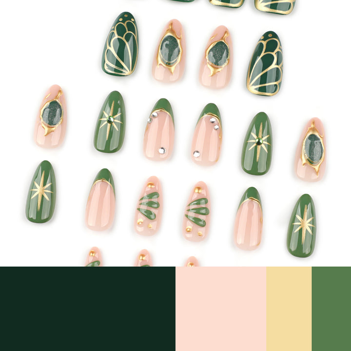 Artistic nail extensions with elegant gold and green shimmer Bowlift