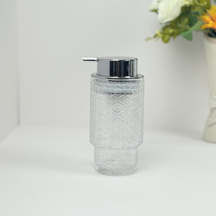 Embossed vintage glass vanity organizer set with pump dispenser and toothbrush cup Bowlift