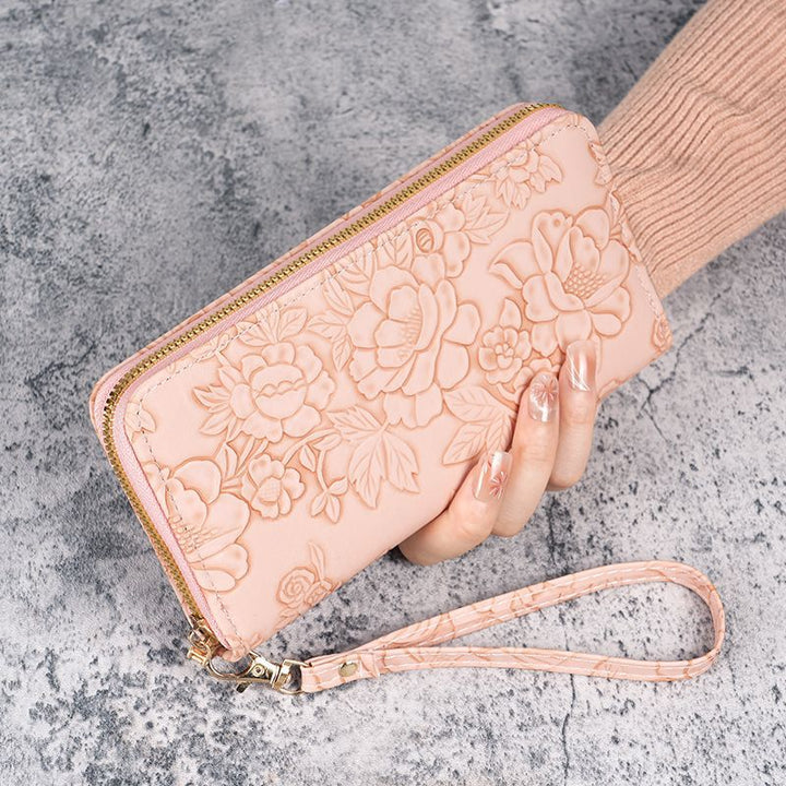 Embossed Floral Zip-Around Wristlet Wallet with Detachable Strap Bowlift