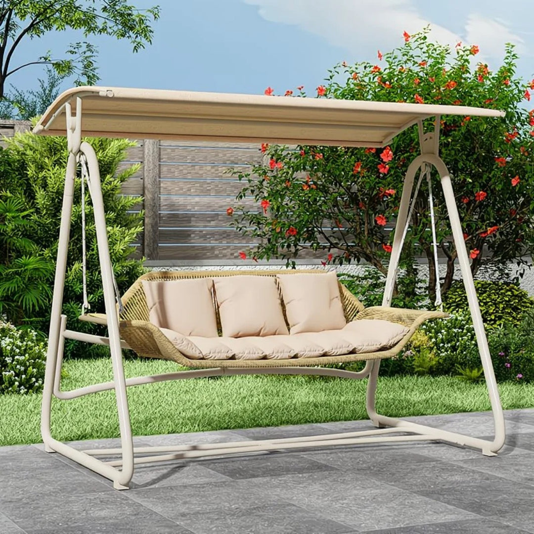 Woven rattan outdoor swing loveseat with padded cushions and powder-coated steel frame Bowlift