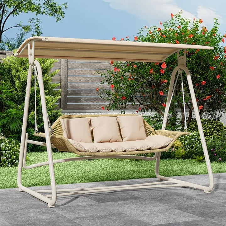 Woven rattan outdoor swing loveseat with padded cushions and powder-coated steel frame Bowlift