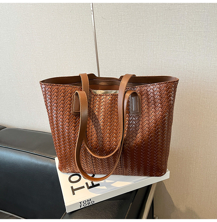 Woven Leather Shoulder Tote Bag Bowlift