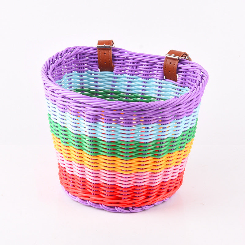 woven front bicycle basket with adjustable leather handlebar straps Bowlift