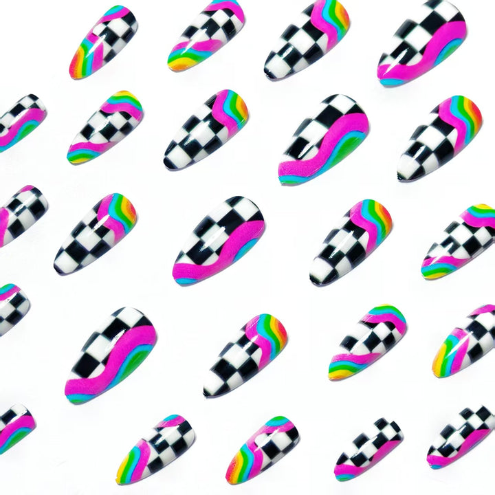 Creative artificial nails with colorful wave and checkerboard design Bowlift