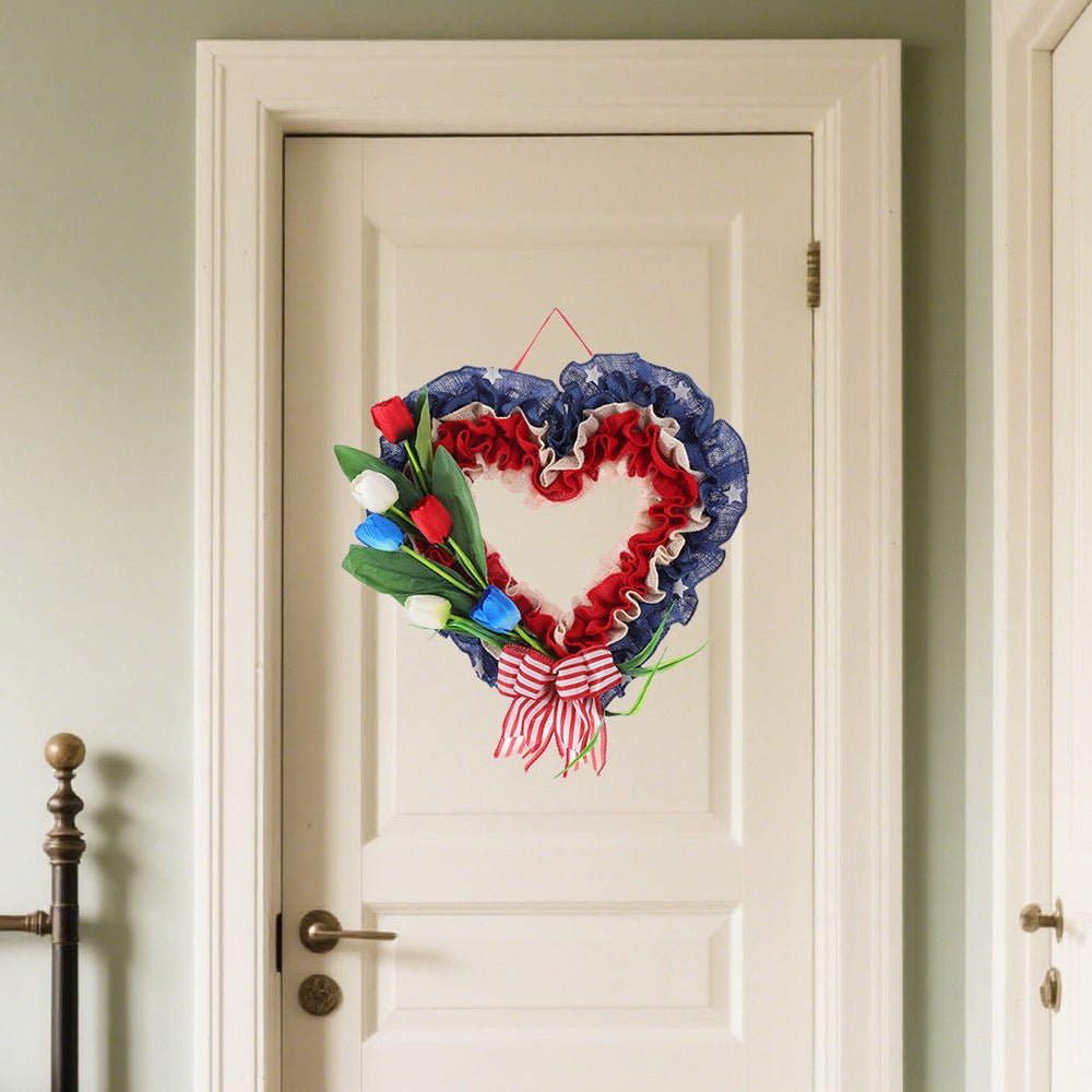 Unisex heart-shaped door wreath made of jute with star embellishments and artificial tulips Bowlift