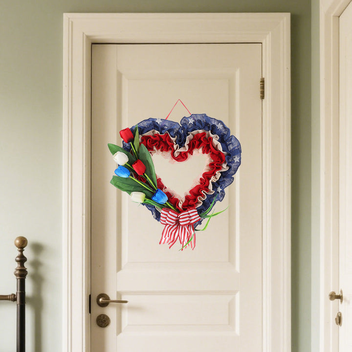 Unisex heart-shaped door wreath made of jute with star embellishments and artificial tulips Bowlift