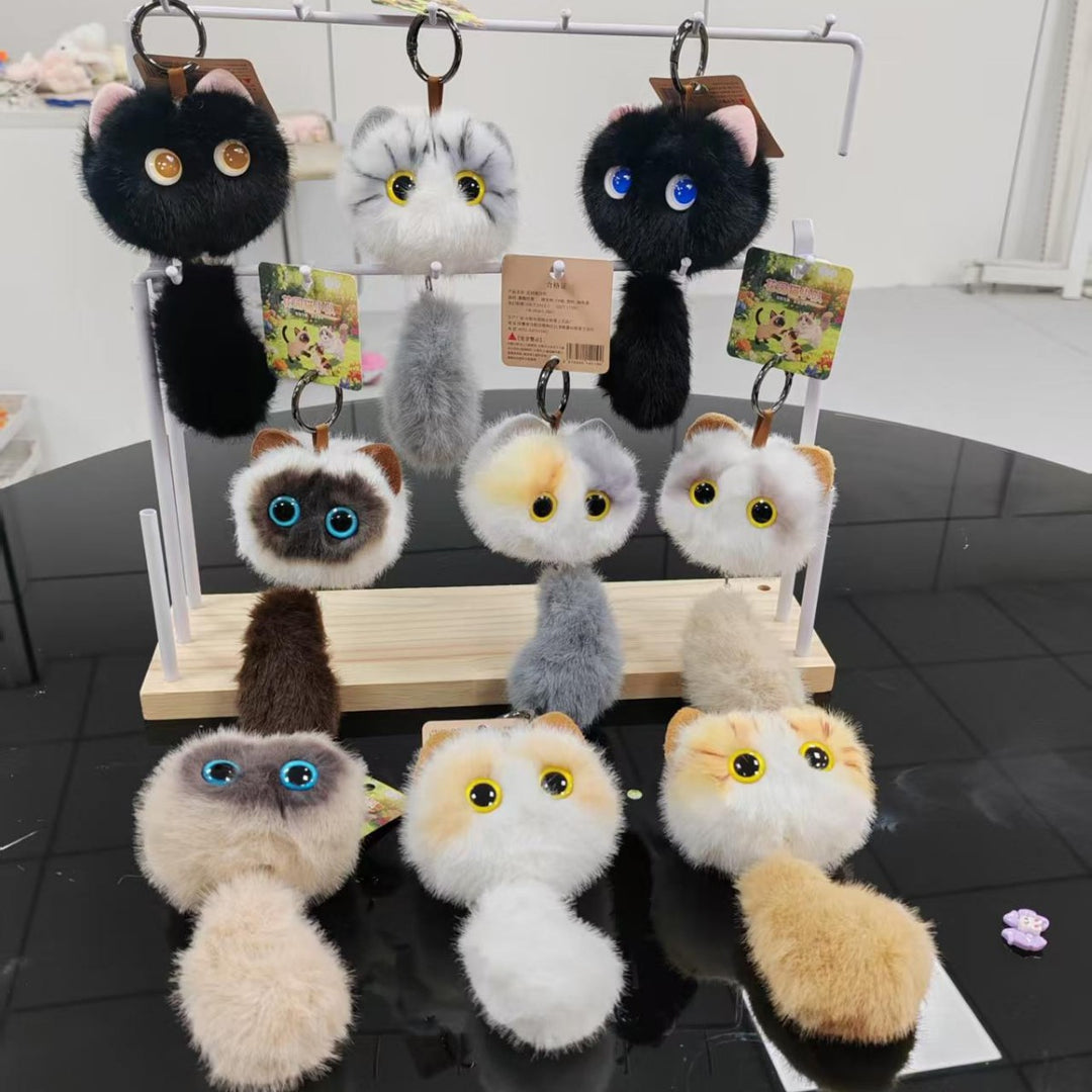 Plush Cat Pom Pom Keychain with Long Faux Fur Tail and Large Expressive Eyes Bowlift