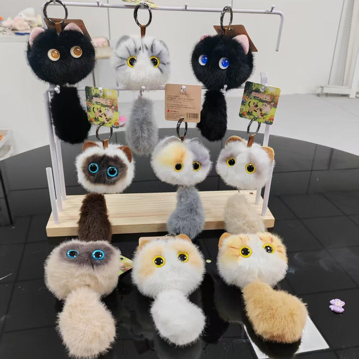 Plush Cat Pom Pom Keychain with Long Faux Fur Tail and Large Expressive Eyes Bowlift