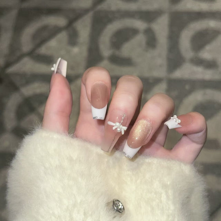 Elegant Reusable Press-On Nail Art Set with Pearl and Glitter Accents Bowlift