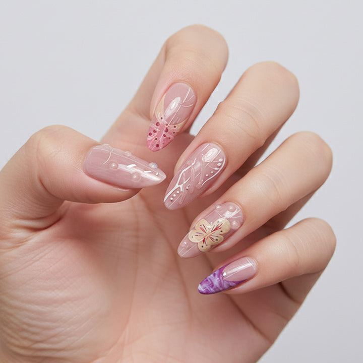 Artistic Floral Press-On Nail Design Bowlift