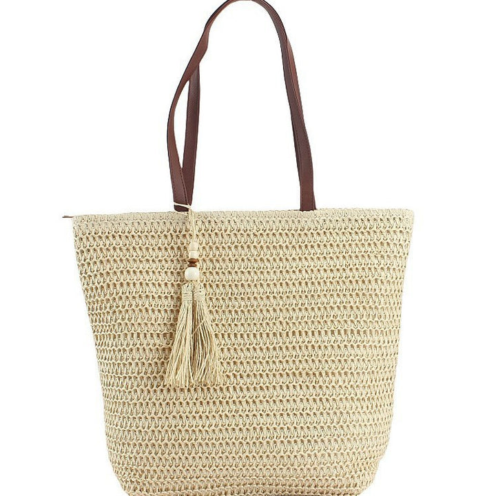 Spacious Shoulder Bag Made of Braided Natural Material with Decorative Tassel Bowlift