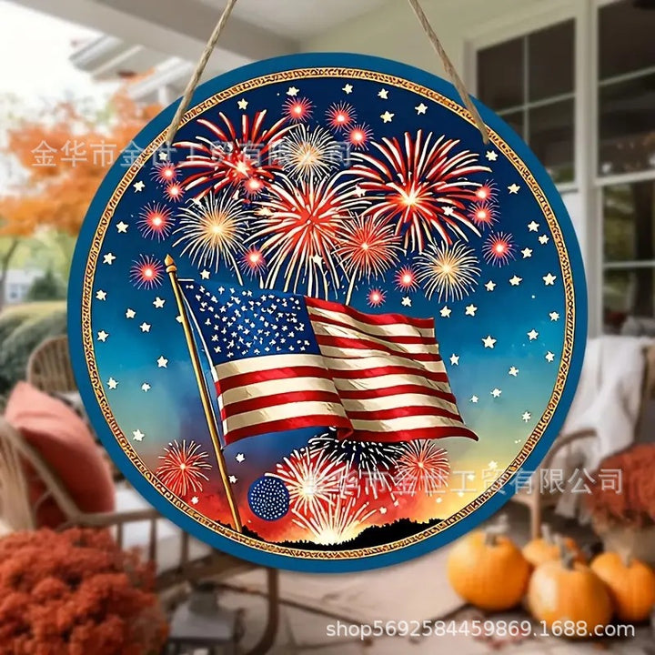 Independence Day rustic round wooden patriotic cross wall plaque with floral accents and God Bless America banner Bowlift