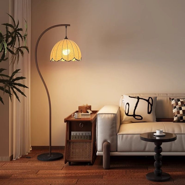 Arc Curved Floor Lamp with Woven Petal Shade Ambient Lighting Bowlift
