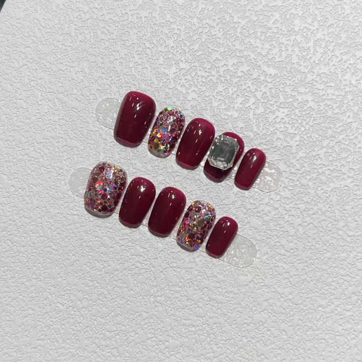 Elegant Press-On Nail Art Set with Gemstone Accents Bowlift