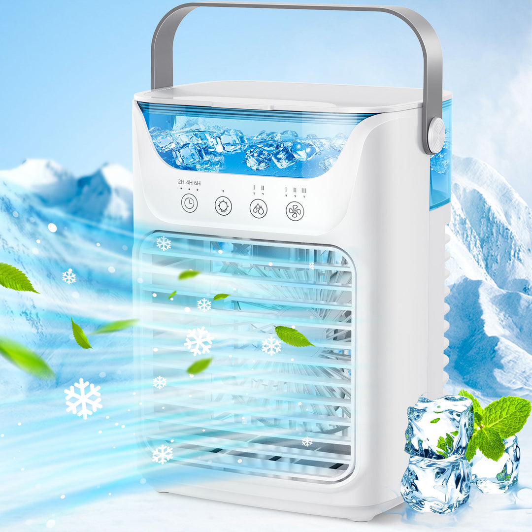 Cooling portable evaporative air cooler with refillable water reservoir adjustable louvers quiet fan and carry handle Bowlift