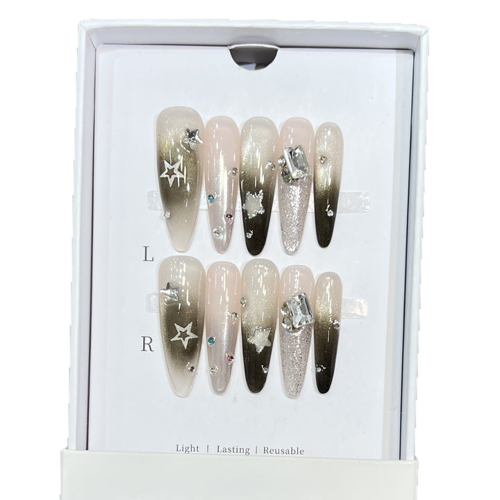 Artistic Stiletto Press-On Nail Set with Decorative Rhinestones Bowlift