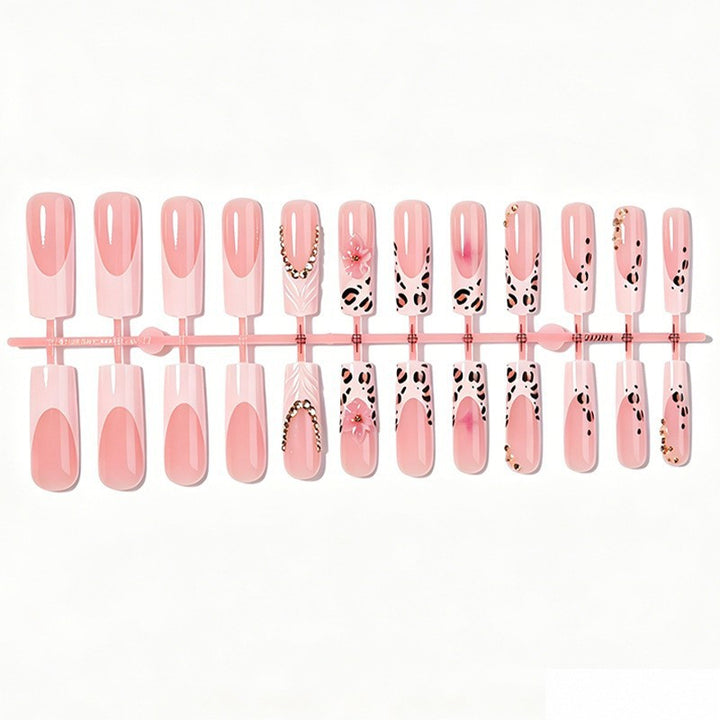Artificial nail set with elegant flower and leopard accents Bowlift