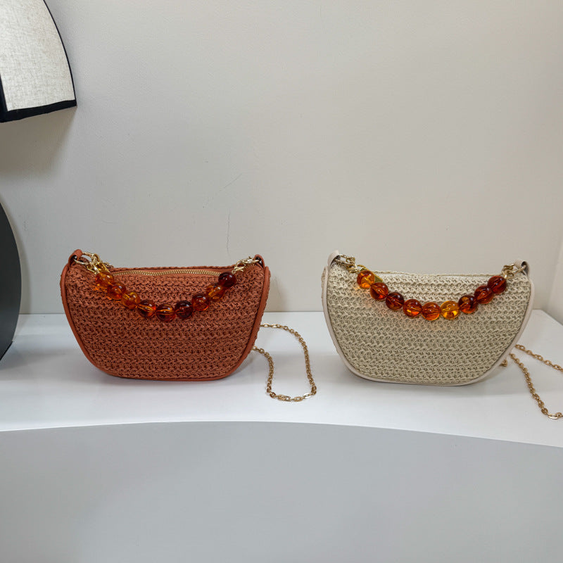 Stylish Woven Handbag with Beaded Handle Bowlift