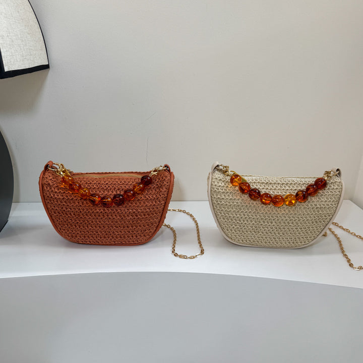 Stylish Woven Handbag with Beaded Handle Bowlift