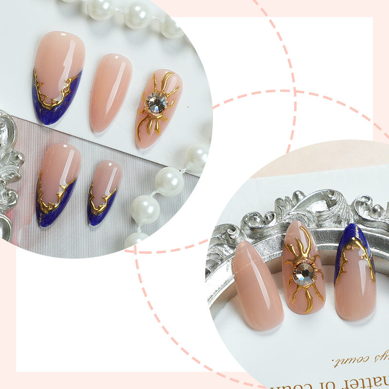 Premium Decorative Press-On Nail Set with Gold and Blue Accent Designs Bowlift