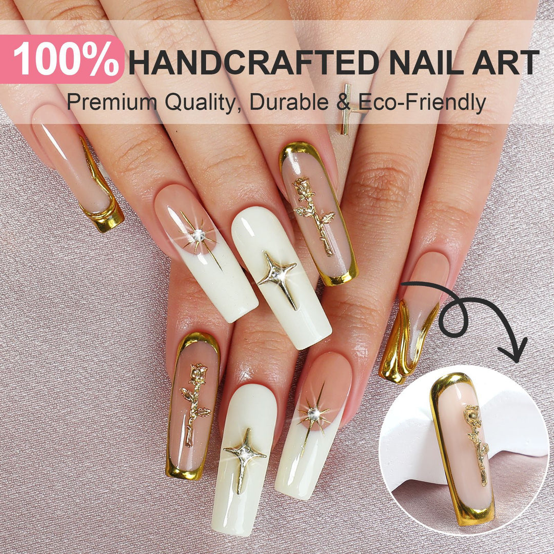 Creative nail art set with golden accents and floral details Bowlift