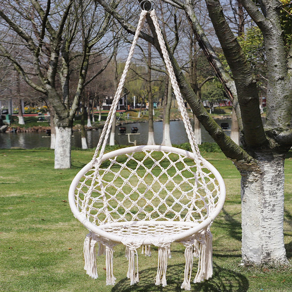 Macrame hanging chair with complete ceiling mounting kit and decorative tassel fringe Bowlift