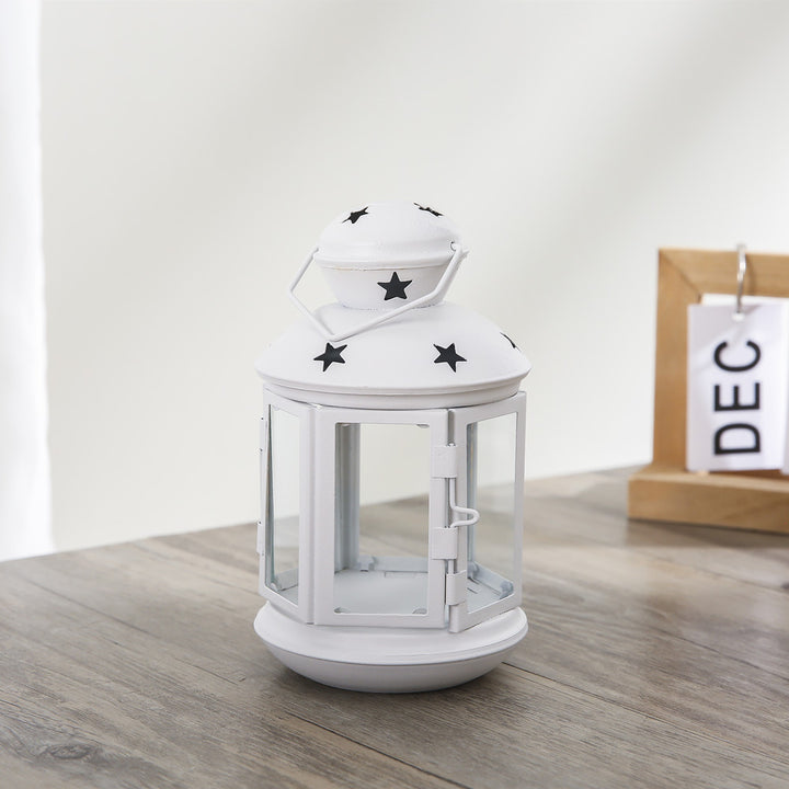 Decorative Star-Cut Glass Panel Metal Tea Light Lantern Bowlift