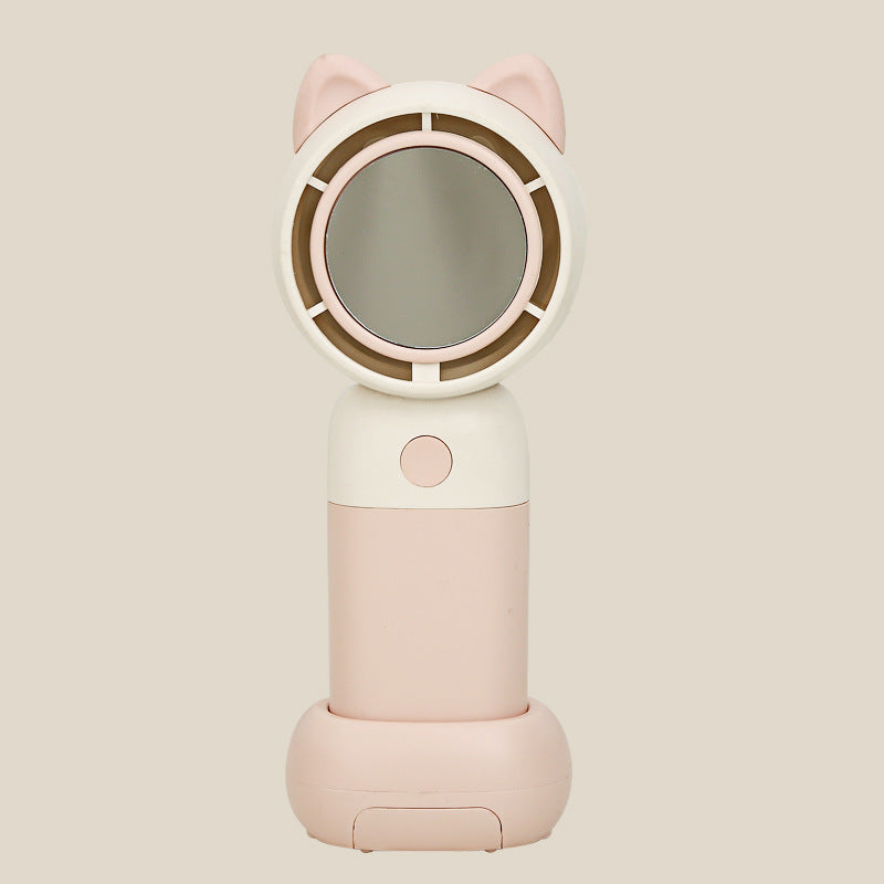 Cooling portable handheld bladeless fan with built-in mirror and rechargeable battery dock Bowlift