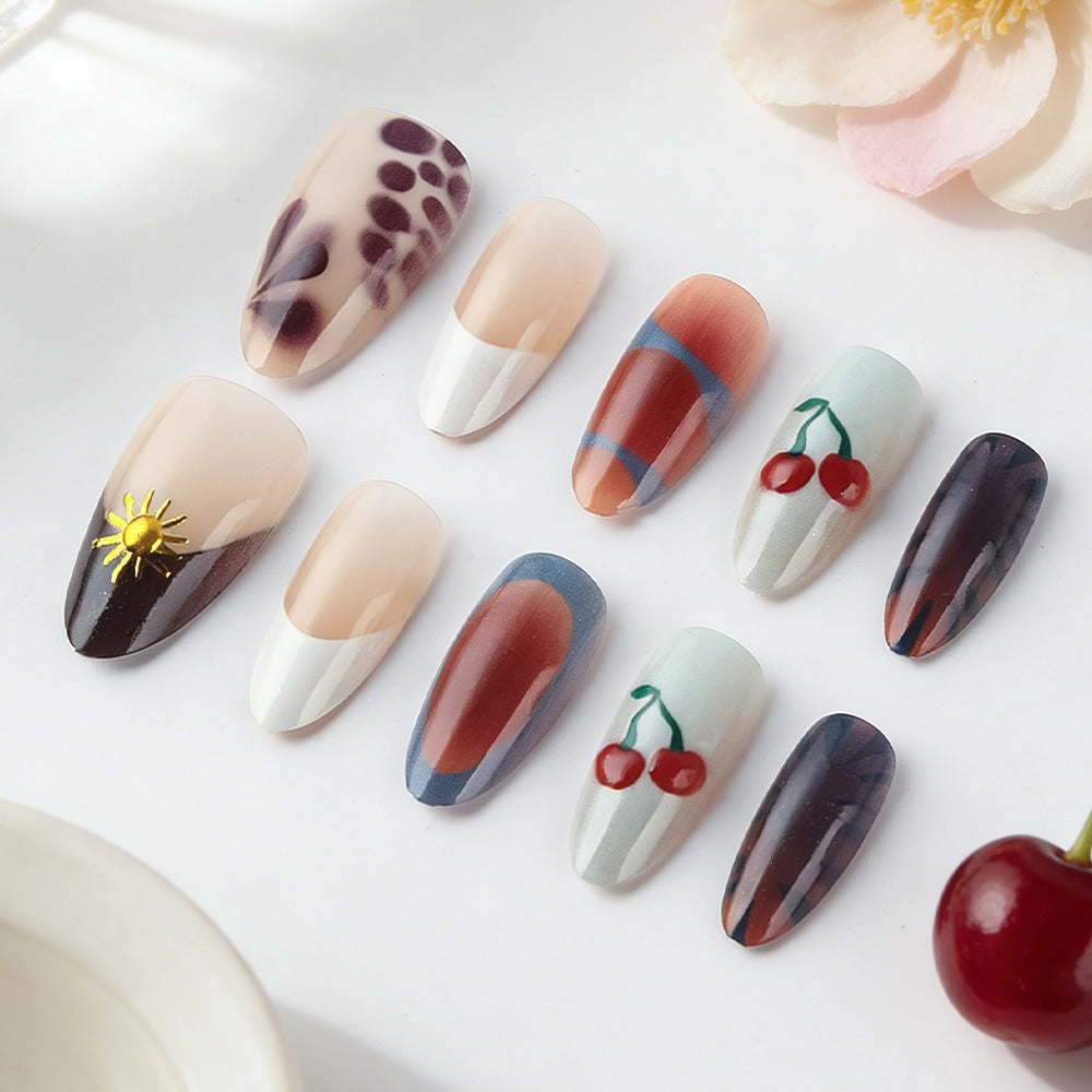 Artistic Press-On Nail Set with Floral and Geometric Patterns Bowlift